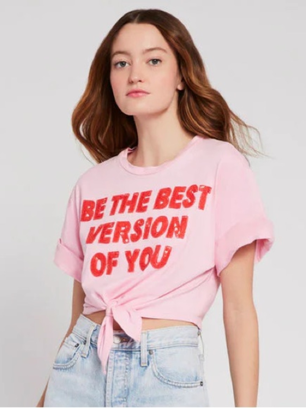 Alice + Olivia Pink Tie-Front Graphic Tee with Red Lettering